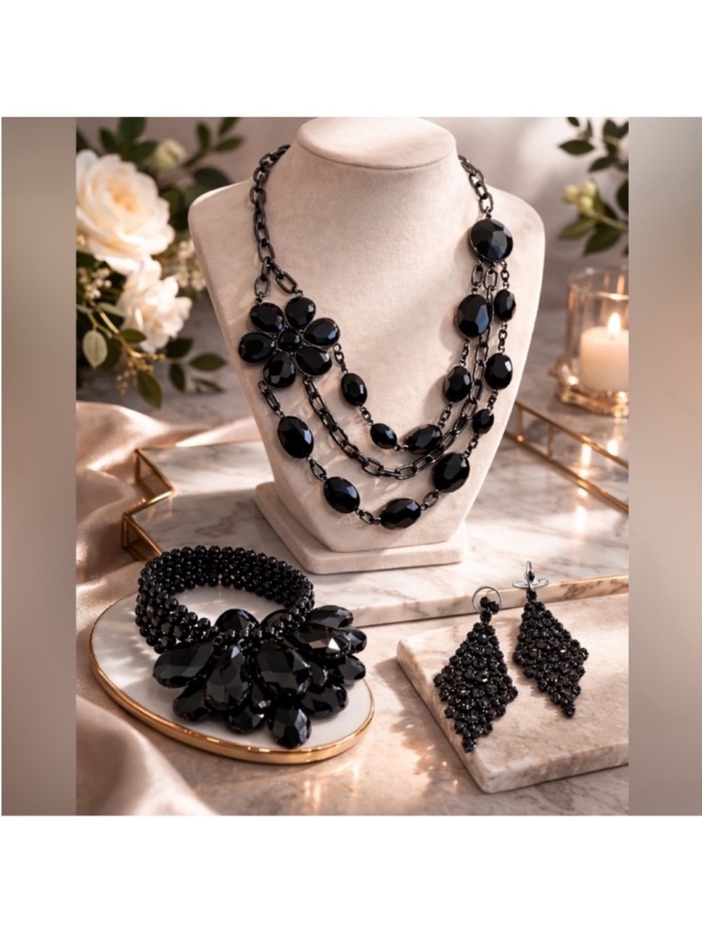 Vintage Elegant Black Crystal Necklace, Earring & Bracelet Set